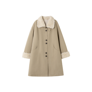 时然大码加绒直筒棉衣微胖mm冬季卡其加厚棉服新款女装长款厚外套