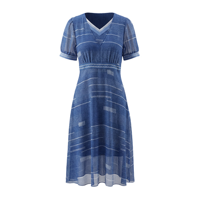 马天奴夏季条纹提花收腰连衣裙