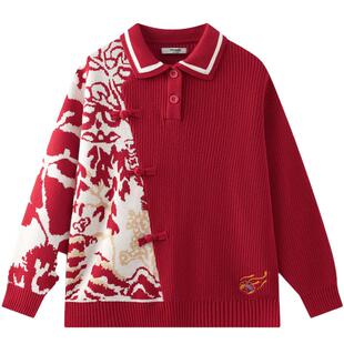 MQD童装儿童新年毛衣2026冬装新款女童针织衫国风加厚红色拜年服