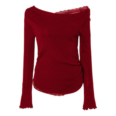 DPLAY2025年秋季新款红色t恤女露肩蕾丝拼接设计感长袖修身上衣