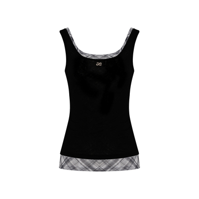 格纹网纱撞色叠穿真两件背心上衣