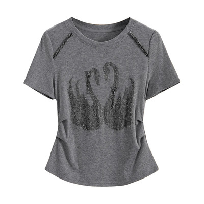 2025夏季新款纯棉灰色短袖T恤女时尚洋气显瘦捏褶重工烫钻上衣女