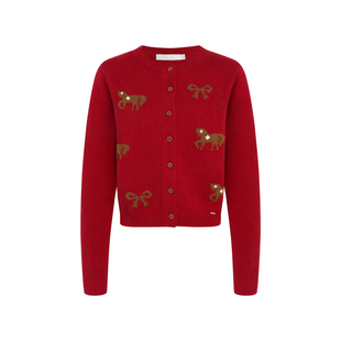 Kroche 马上生花 羊毛混纺撞色小马蝴蝶结提花新年红长袖毛衣开衫