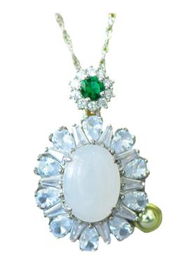 天然新疆金丝玉蛋面吊坠白玉挂件古法银镶嵌玉吊坠配证书礼盒链子