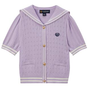 eland kids衣恋童装女童针织开衫夏季时尚海军领上衣条纹短袖薄款