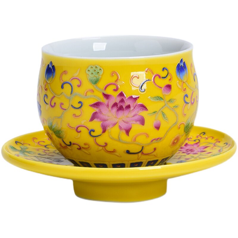 功夫茶杯陶瓷品茗杯主人杯个人杯珐琅彩茶具带杯垫单只茶碗泡茶杯