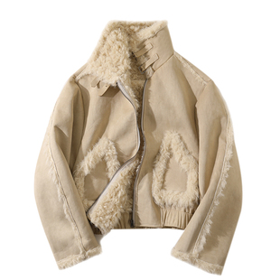 大于诗集 巴斯奶兔 仿皮草皮毛一体拼接机车夹克女宽松加厚外套冬