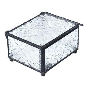 复古正方形长方形首饰盒怀旧雕刻花朵饰物收纳盒珠宝盒玻璃装饰盒
