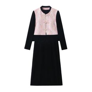 国风新中式金丝绒重工烫金拼色马甲连衣裙两件套女秋冬气质套装