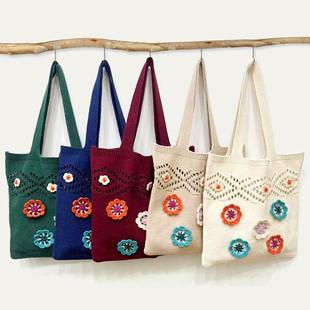 新品 钩花毛线手绣手提女士手工单肩包编织森女系针织购物袋