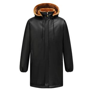 连帽中长款皮衣男加绒加厚宽松防油防水耐磨中老年机车皮衣外套男