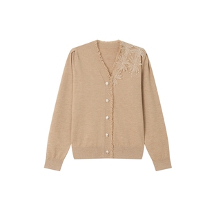 白鹿语优雅气质V领开衫秋季新款毛边花边钉珠长袖针织衫女