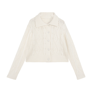 BLANK LABEL 100%羊毛复古粗棒针立体绞花polo领毛衣外套女针织衫