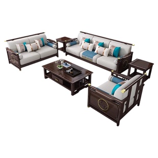 新中式轻奢高端全实木沙发组合 现代中式客厅木加布转角贵妃沙发