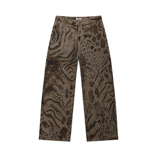物理少年「林野漫步」豹纹数码印花分割弯刀廓形双腰头牛仔长裤