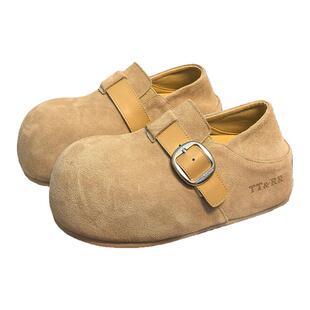 磨砂真皮复古厚底勃肯鞋女丑萌大头面包鞋内增高休闲懒人鞋乐福鞋