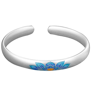 古法银手镯女9999纯实心女士年轻款莲花珐琅银镯子送妈妈生日礼物