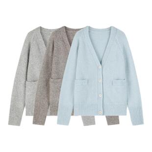 华吉言【口袋毛衣】防缩羊毛婴驼天丝慵懒宽松V领针织开衫外套