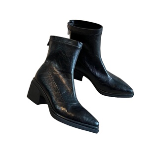 牛皮~尖头高跟鞋粗跟内增高短靴女2025新款冬季黑色小个子瘦瘦靴