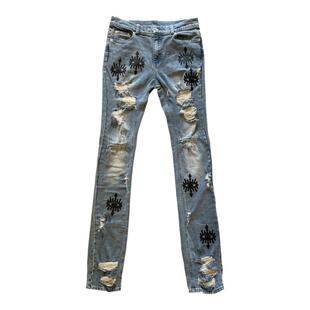 [待补货]Phantomhunter芬特亨克 牛皮牌贴水洗破坏破洞蓝色牛仔裤