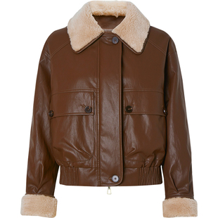 QS秸熙2025冬春新品复古美拉德环保皮羽绒服巴恩风机车皮衣短外套