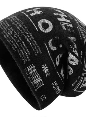 新款秋冬韩版潮做旧印花毛线针织帽女大头围冷帽显脸小包头帽子男