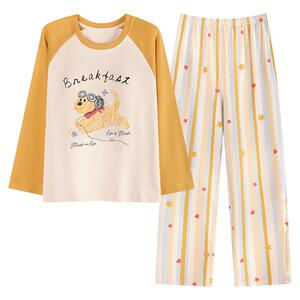 【帕兰朵】纯棉长袖睡衣女款带胸垫家居服套装