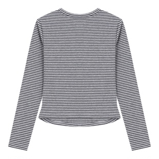 百家好莱赛尔灰黑条纹长袖T恤衫女春季新款修身显瘦百搭套头上衣