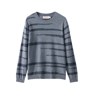 皮皮狗25秋冬新款圆领撞色条纹男士套头针织纯羊绒衫