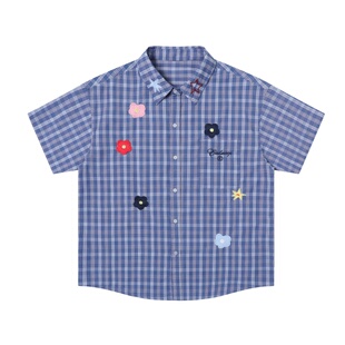 【Endweep官方店】小花刺绣衬衫短袖夏季宽松潮牌格纹情侣上衣