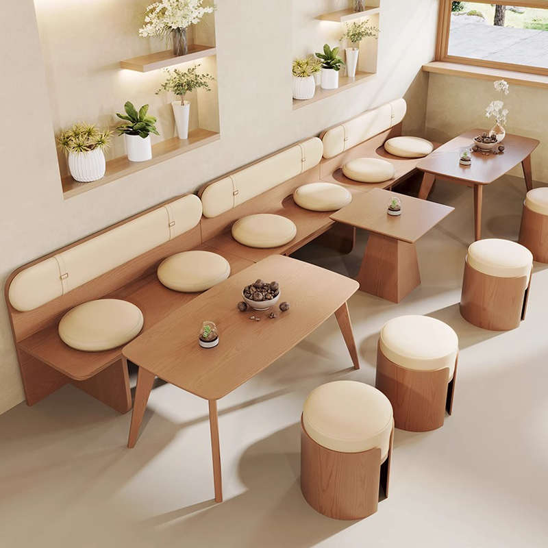 原木风靠墙卡座沙发组合奶茶店咖啡厅休闲区西餐厅桌椅商用桌椅