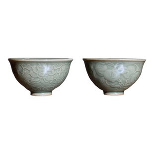 长安知己中国非遗「浮雕牡丹桃子鸡心杯」耀州窑青瓷茶盏茶杯70ml