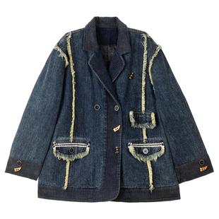 KEIKO 复古风夹棉牛仔外套女春季设计感灯芯绒拼接西装领夹克棉服