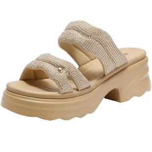 百丽女鞋子亮钻厚底休闲拖鞋夏季新款妈妈鞋可外穿拖鞋D7Z1DBT5