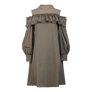 sdeer圣迪奥女装25年新品复古半高领露肩绣花拼接连衣裙S253Z1278