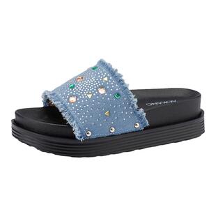【增高5CM】奥康女鞋夏季新款帆布牛仔露趾凉拖鞋时尚户外厚底拖