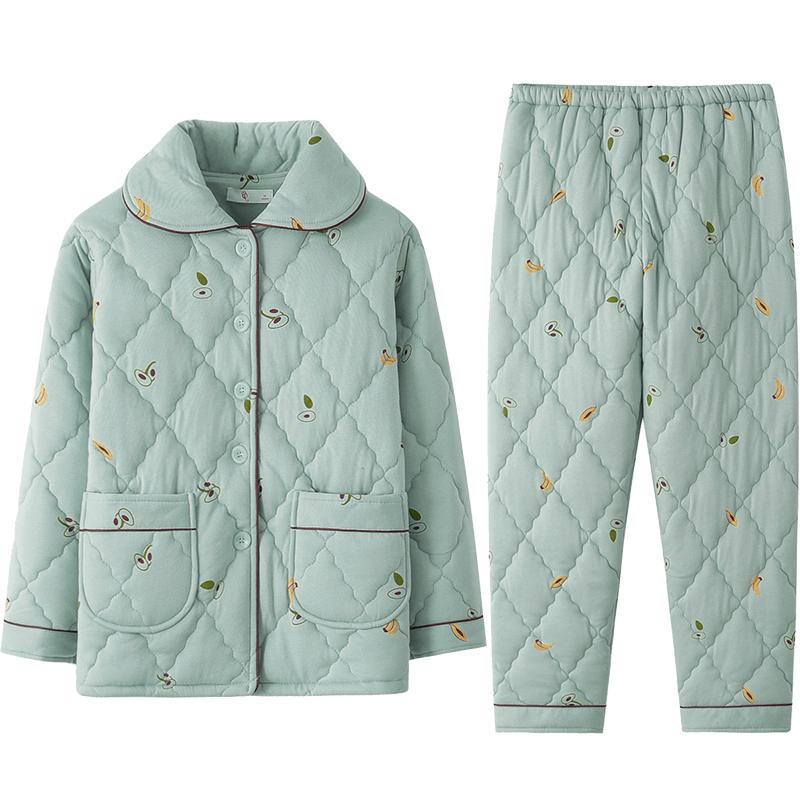 睡衣女冬季加厚纯棉夹棉服秋冬款全棉加棉冬天三层保暖家居服套装