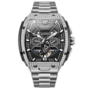 2026新款瑞士认证正品牌酒桶型夜光防水钢带手表男士机械表大表盘