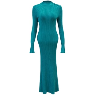 澄渔高定【山涧蓝月】新中式半高领肌理感羊毛针织微喇鱼尾连衣裙