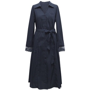 朵以2025秋季新款不对称拼接蕾丝腰带翻领宽松长款连衣裙衬衫裙