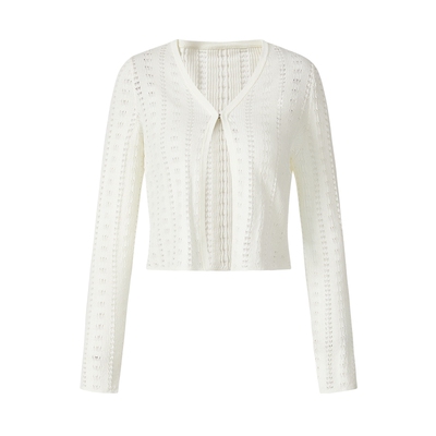 商场同款 摩萨克2026春新款优雅感微透镂空V领修身毛针织开衫女