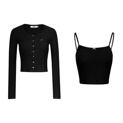 Liilou clean fit 羊毛面料 坑条高弹长袖开衫吊带两件套