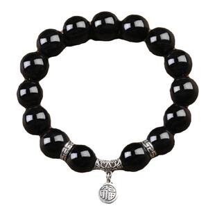 龙年黑曜石佛珠手链藏银福牌男士手串女款简约风饰品情侣款礼物