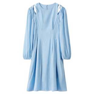 A21女装梭织泡泡长袖伞形中长连衣裙优雅收腰显瘦设计感中长裙