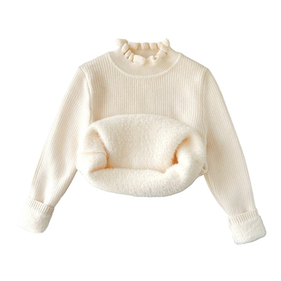 女童一体绒毛衣2025冬新款小女孩毛线衣加厚花边领宝宝针织衫加绒