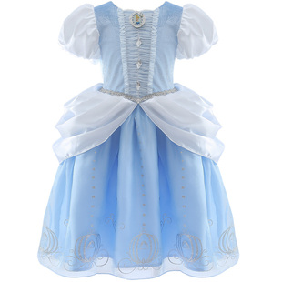 新款迪士尼女童短袖仙蒂公主裙秋冬款演出服蓬蓬纱裙灰姑娘连衣裙