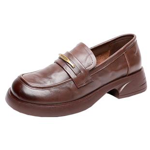 英伦风真皮乐福鞋厚底粗跟一脚蹬软皮小皮鞋2026新款大码女士皮鞋