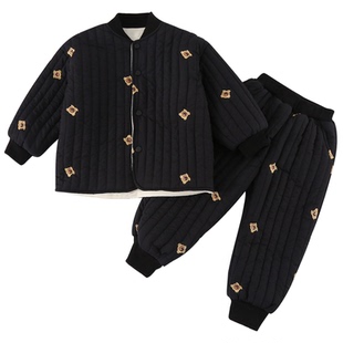 日杂风儿童夹棉套装加厚刺绣小花朵外套裤子两件套洋气家居服童装