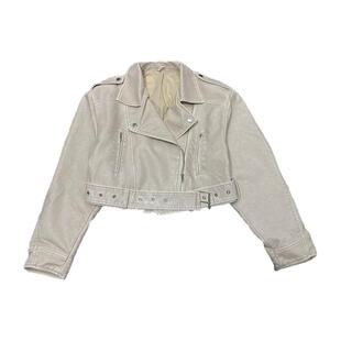 CCA自制美式复古辣妹风PU皮哑光短款机车夹克外套米色做旧皮衣女