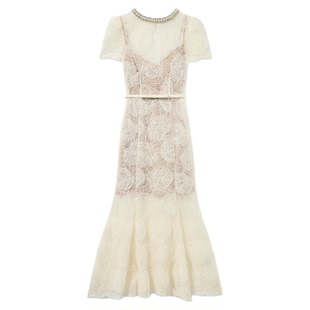 self-portrait 2025早秋象牙白钻饰薄纱蕾丝连衣裙长裙